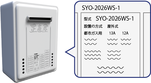 給湯器本体に貼られた型式ラベルの位置
